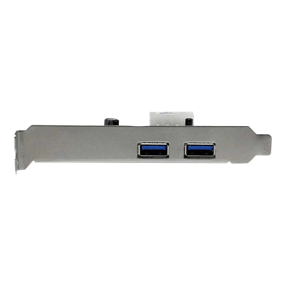 Carte USB 3.0 grise avec deux ports et des ouvertures bleues. Inscription : 'Soon'.