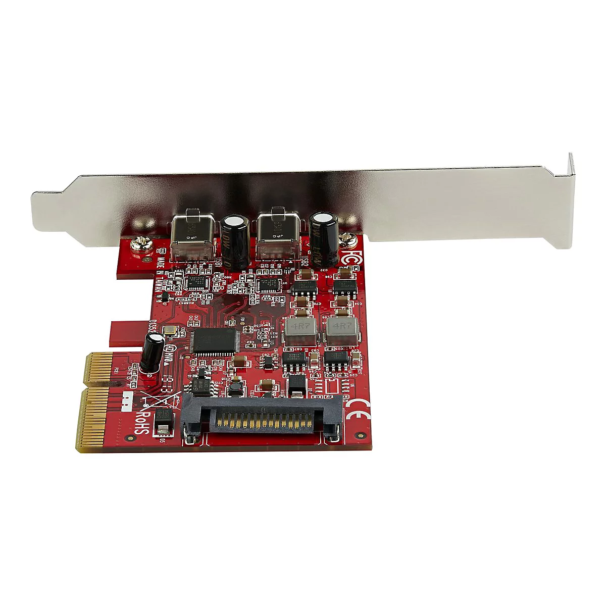 Un circuit imprimé rouge avec un support métallique. De nombreux composants électroniques tels que des condensateurs et des puces sont visibles.