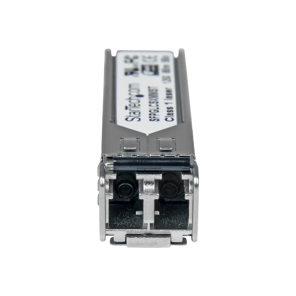 Ein SFP-Transceiver aus Metall. Oben ist „StarTech.com“ und weitere technische Angaben aufgedruckt. Auf der Vorderseite sind zwei Öffnungen zu sehen.