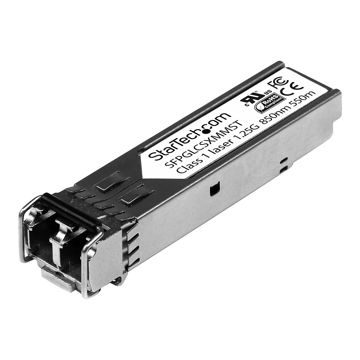 Ein Metall-Glasfaser-Transceiver mit weißem Etikett mit Startech.com-Logo und technischen Spezifikationen.