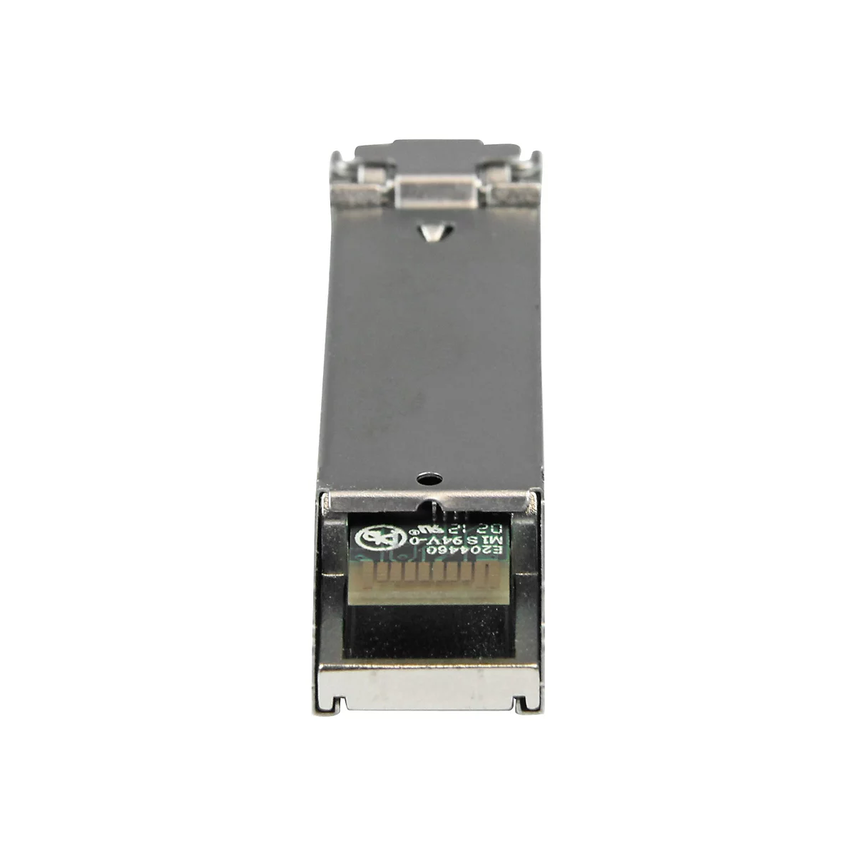 Ein silbernes Netzwerkmodul, das auf weißem Hintergrund abgebildet ist. Auf der grünen Platine sind Zahlen und Buchstaben zu sehen.