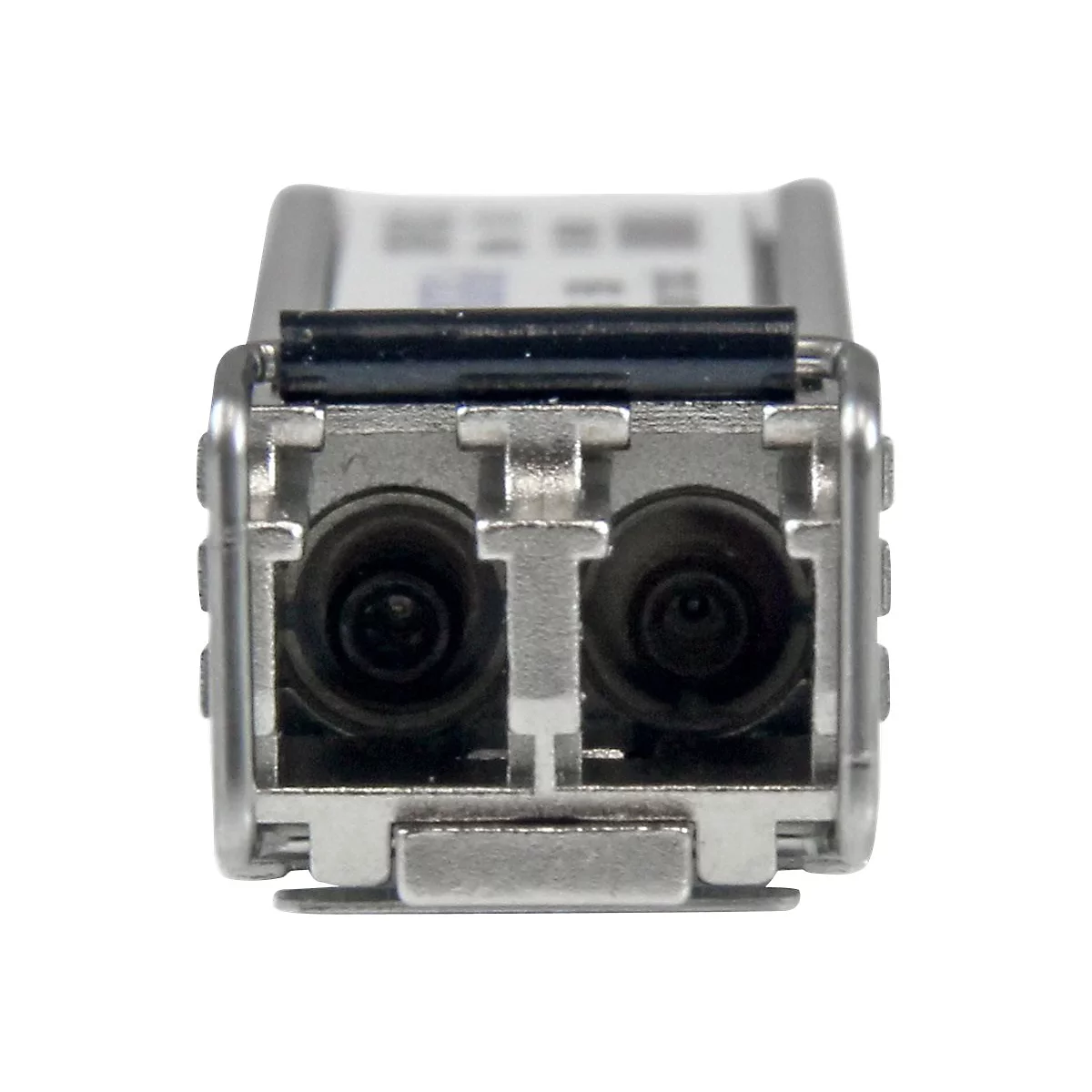 Nahaufnahme eines silberfarbenen Netzwerkmoduls mit zwei dunklen, runden Anschlüssen.