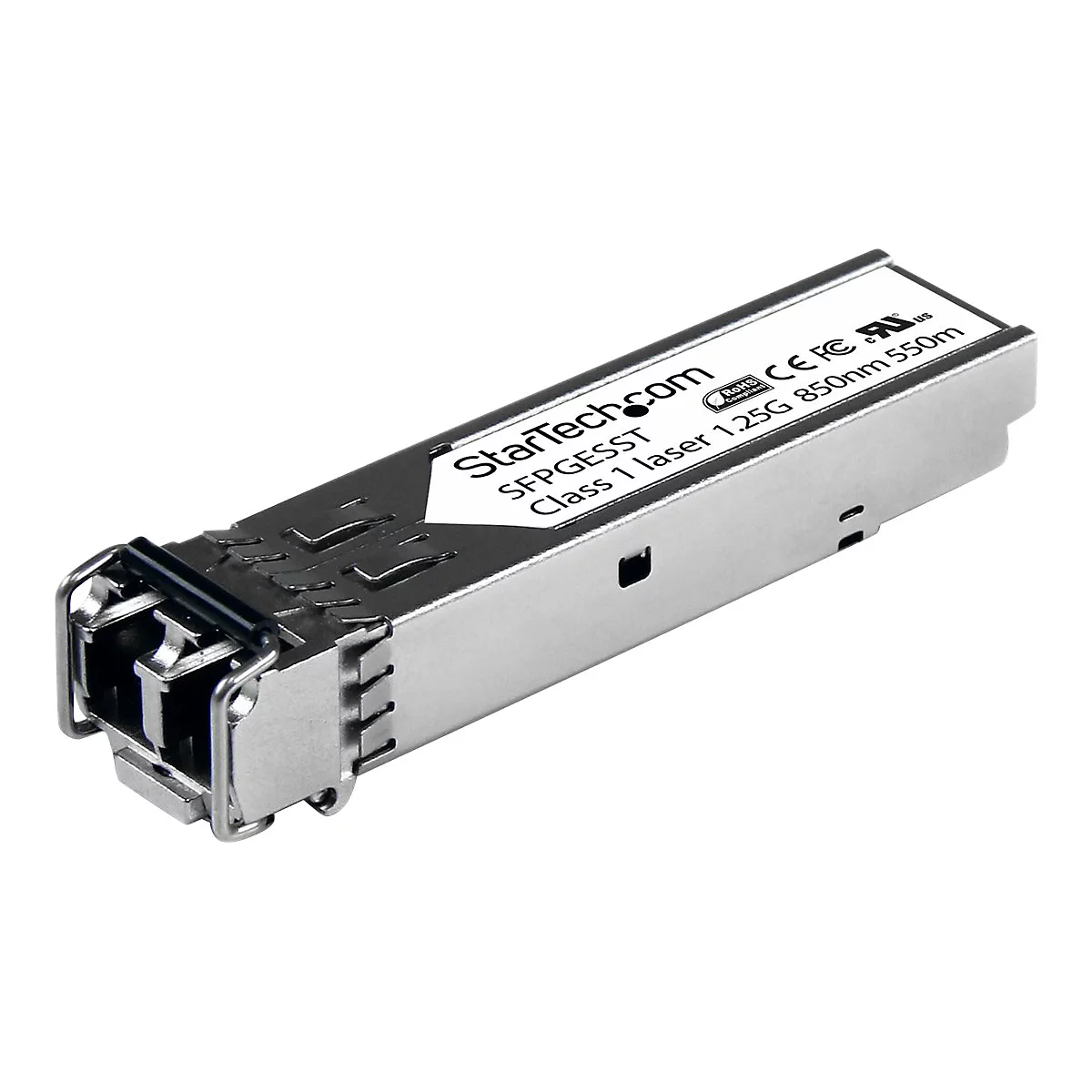 Ein silberner SFP-Transceiver. Beschriftung: StarTech.com, SFPGESST, Class 1 laser 1.25G 850nm 550m.