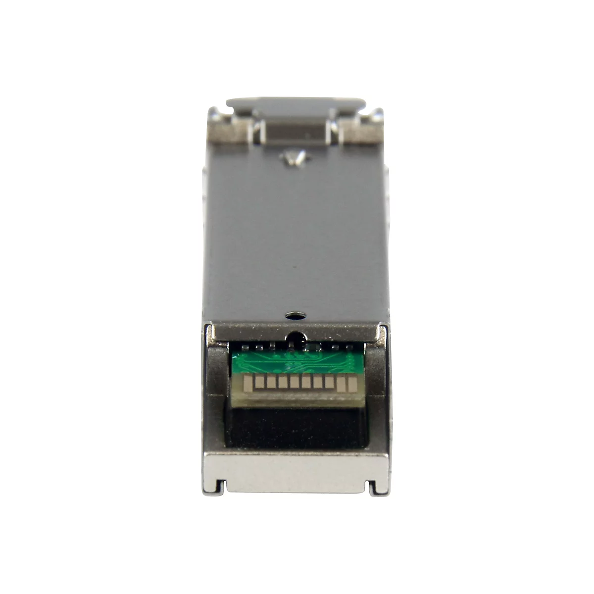 Nahaufnahme eines silbernen Netzwerkadapters mit grüner Platine und rechteckigen Aussparungen.