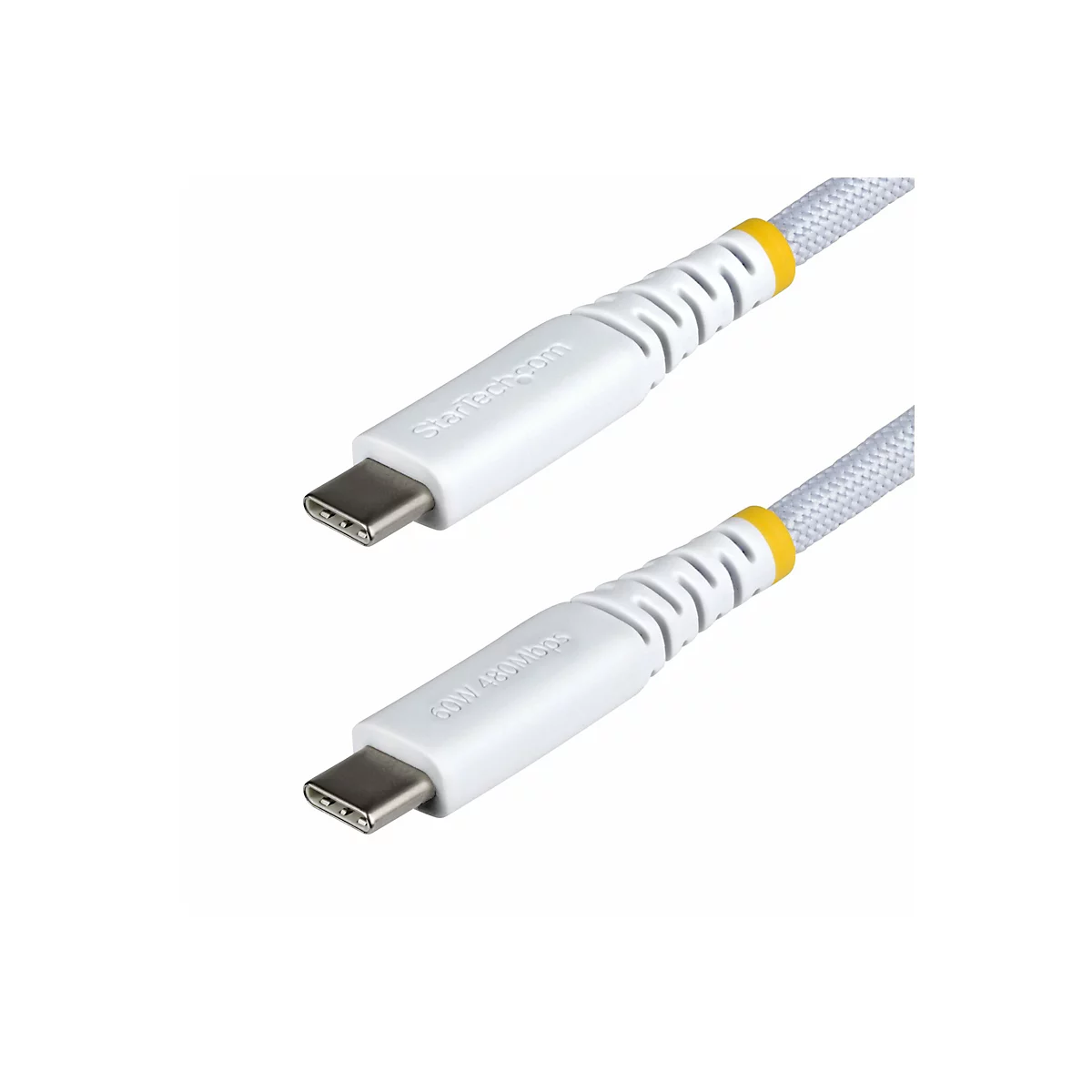 Deux câbles USB-C blancs. Inscriptions: StarTech.com et 60W 480Mbps.