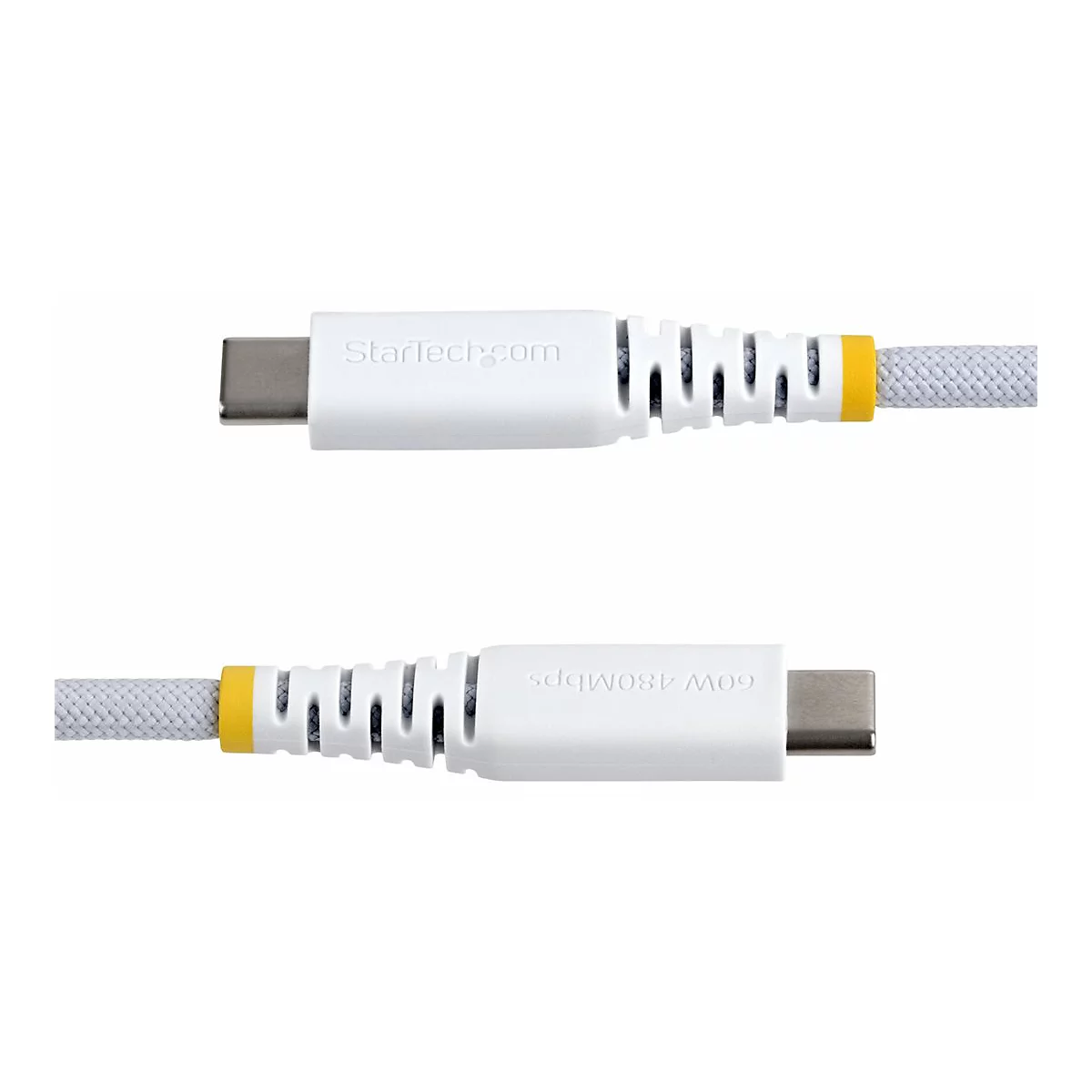 Deux câbles USB-C blancs ; câbles avec le logo StarTech.com et lettrage 60W 480Mbps.