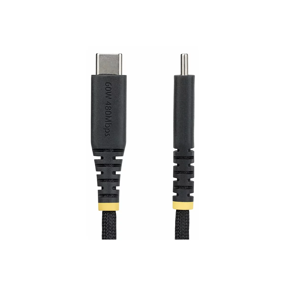 Câble USB-C avec étiquette 60W et 480MBps. Connecteur USB-C à gauche, fiche à droite.