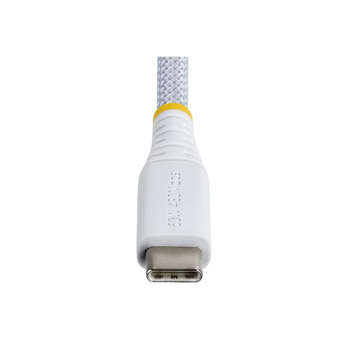 Gros plan sur un câble USB-C blanc avec un accent jaune, un cordon tressé et l'écriture 60W 480Mbps.