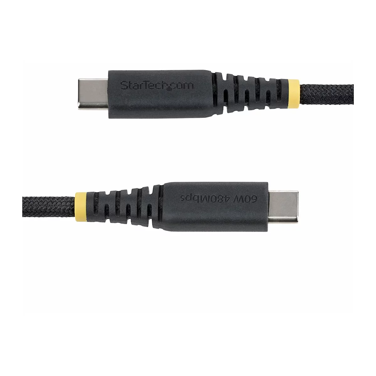 Deux câbles USB-C ; câble noir avec des accents jaunes et le logo StarTech.com. Imprimé est 60W 480Mbps.