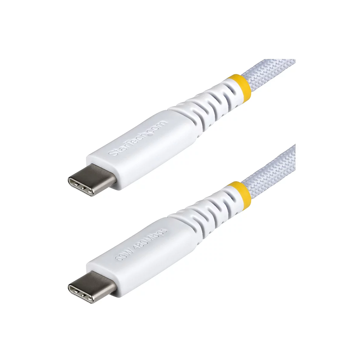 Deux câbles USB-C blancs ; étiquette Startech.com, 60W 480Mbps ; accents jaunes.