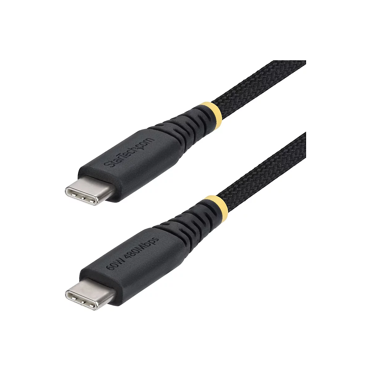 Câble USB-C noir avec des accents jaunes, avec les inscriptions "StarTech.com" et "60W 480Mbps".
