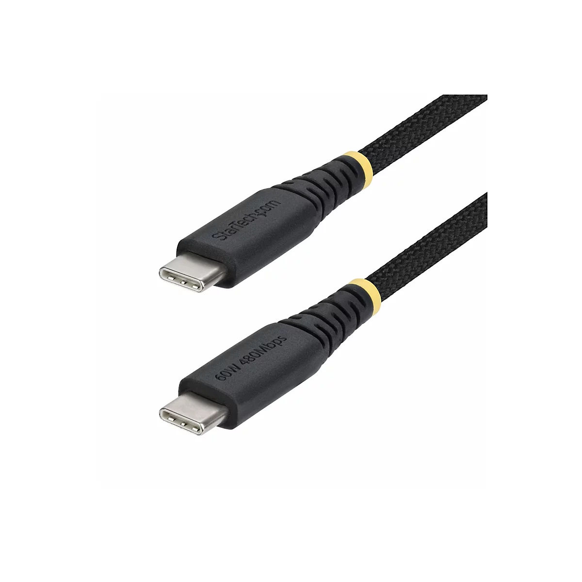 Deux câbles USB-C noirs, vue diagonale, texte : StarTech.com et 60W 480Mbps.