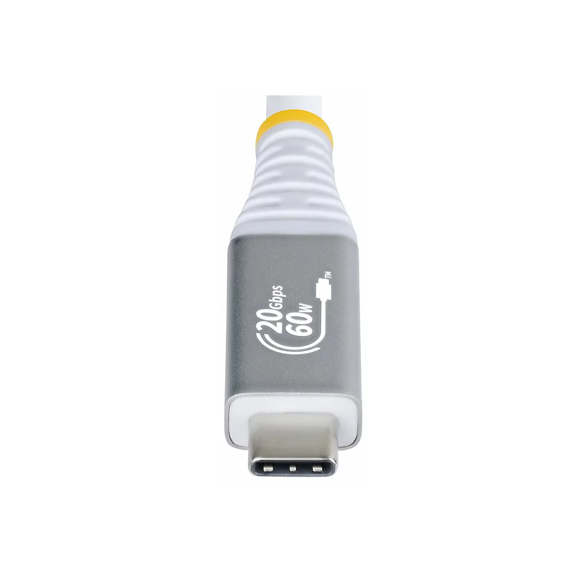 Gros plan sur un câble USB-C. Le connecteur est gris avec des accents argentés, une bande jaune et le texte : 20 Gbit/s 60 W.