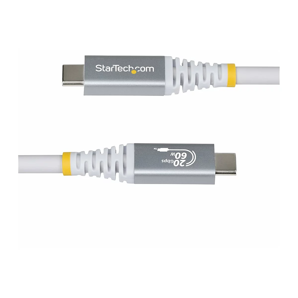 Deux câbles USB-C, gris et blanc. Le connecteur indique "StarTech.com" et des spécifications techniques.