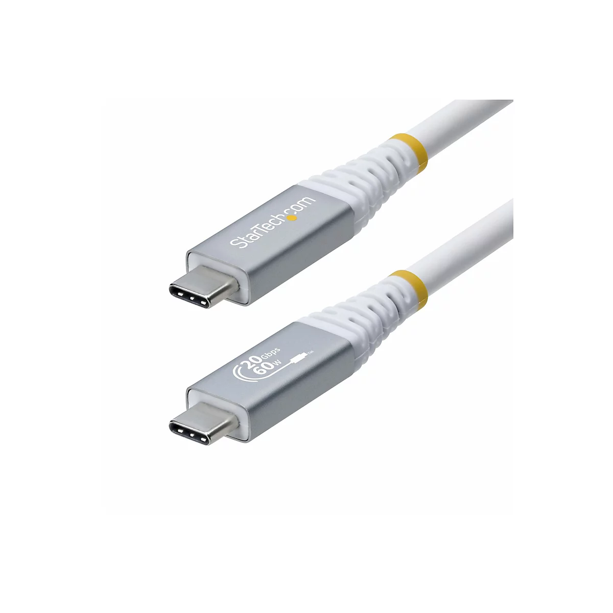 Deux câbles USB-C avec des boîtiers en métal gris et des câbles blancs. L'un des boîtiers indique StarTech.com, l'autre 20 Gbit/s et 60W.