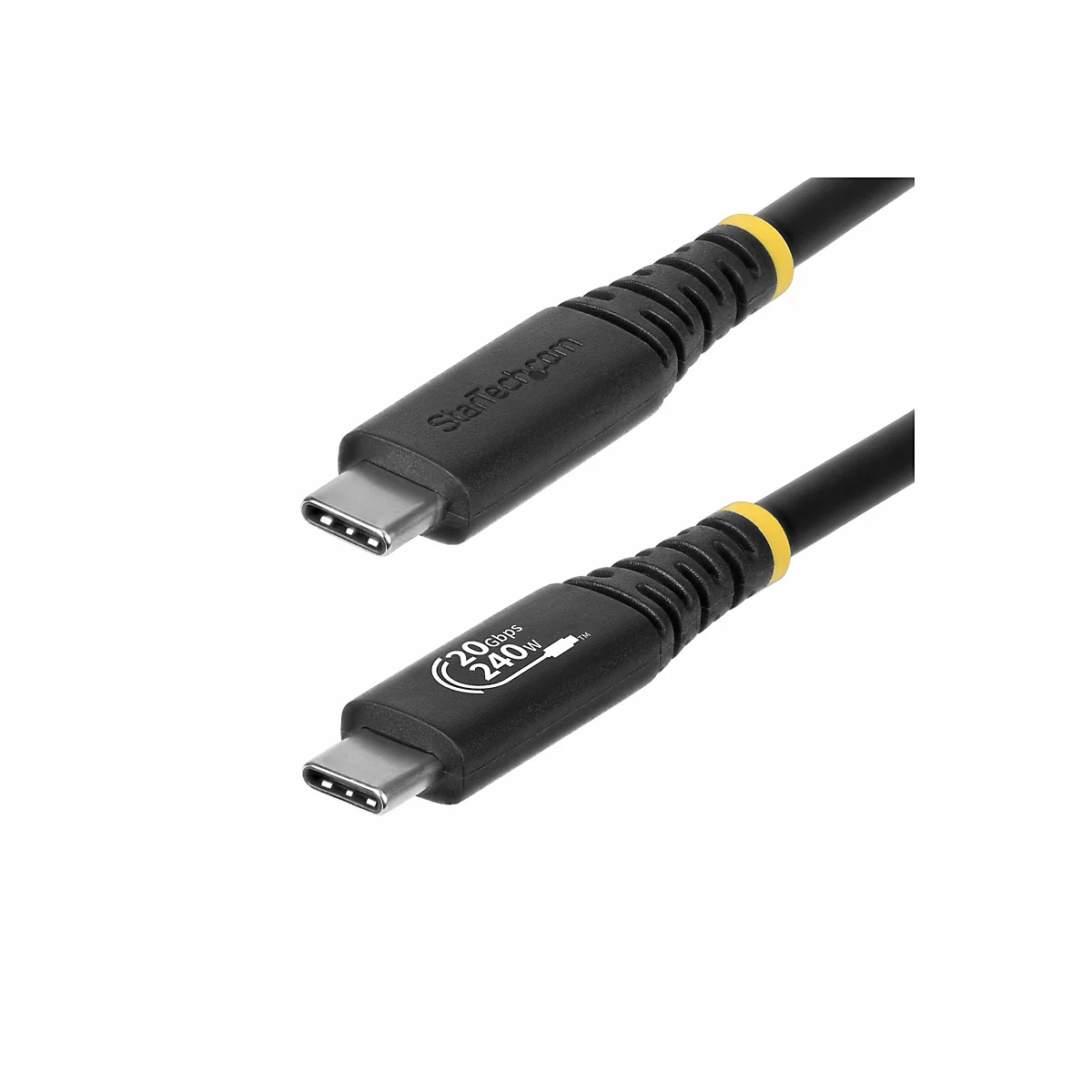 Deux câbles USB-C noirs, avec des accents jaunes, sur fond blanc. L'un affiche le logo StarTech.com, l'autre 20 Gbit/s et 240 W.