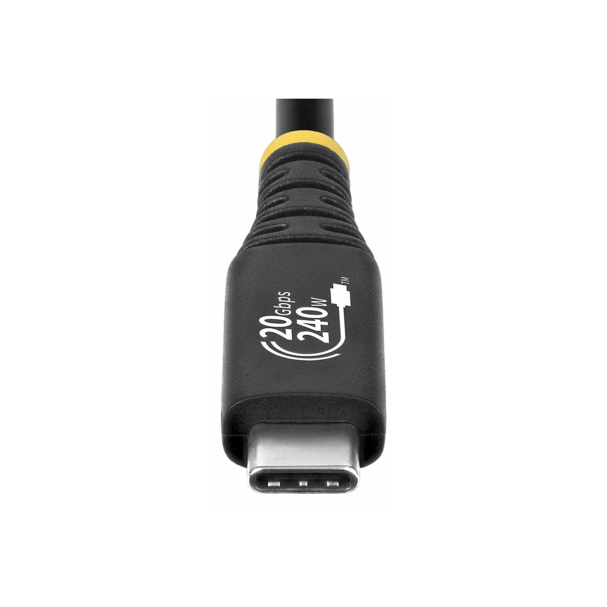Gros plan d'un câble USB-C noir avec des accents jaunes, supportant 20 Gbit/s et 240W.