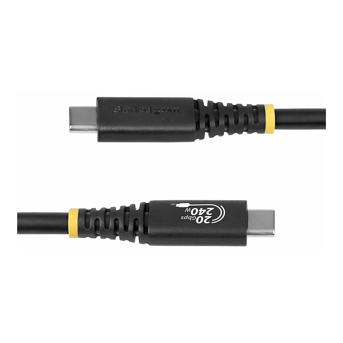 Deux câbles USB-C noirs, vue détaillée. Un câble porte la mention StarTech.com, l'autre 20 Gbit/s 240W.