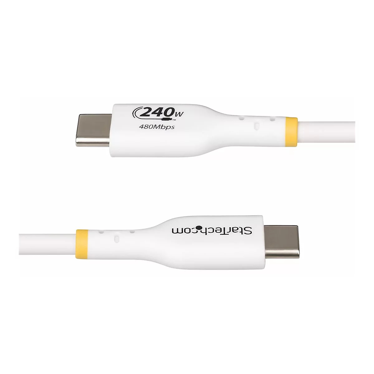 Câble USB-C blanc avec des accents jaunes et des lettres noires.