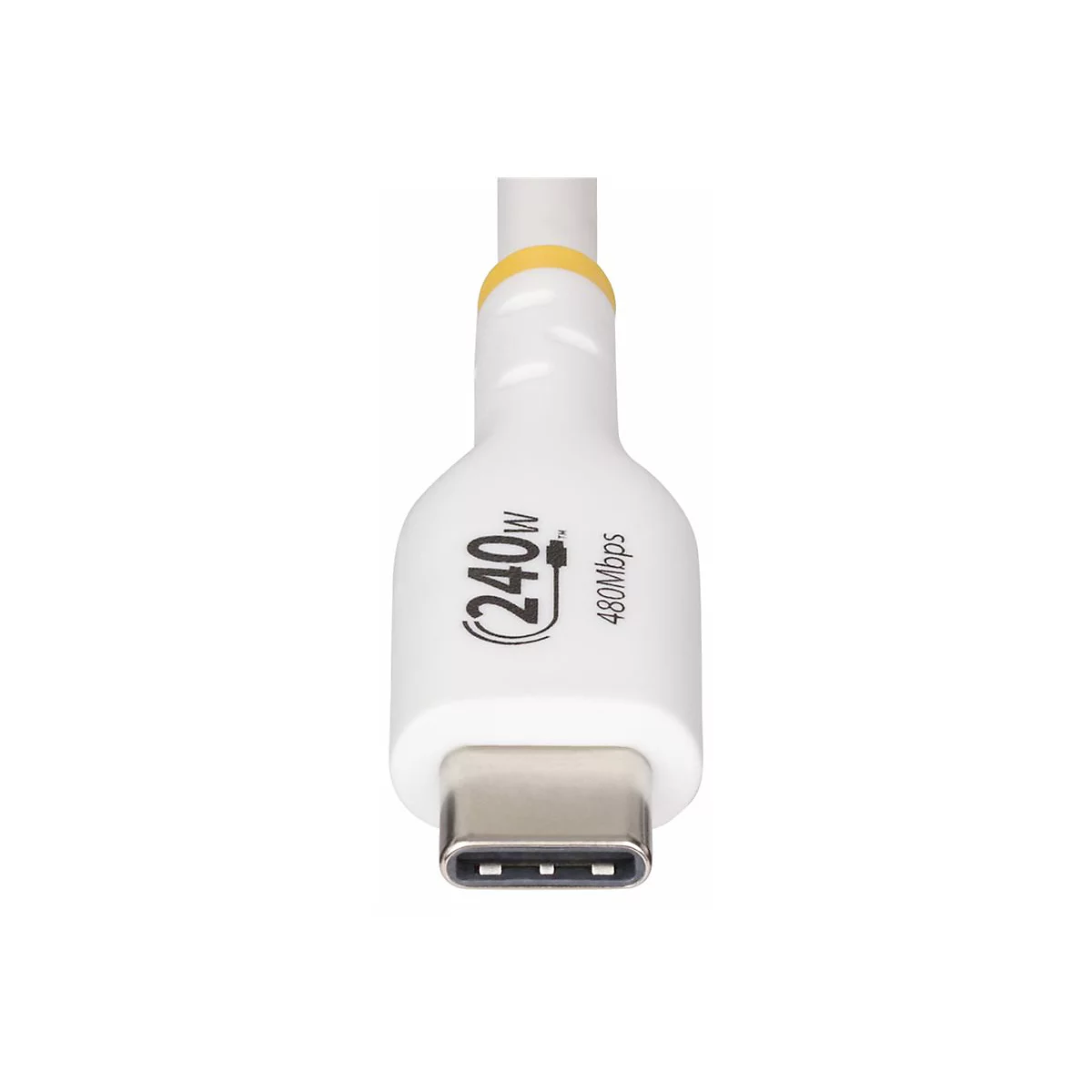 Gros plan sur un câble USB-C blanc avec un anneau jaune et des marquages pour 240W et 480Mbps.