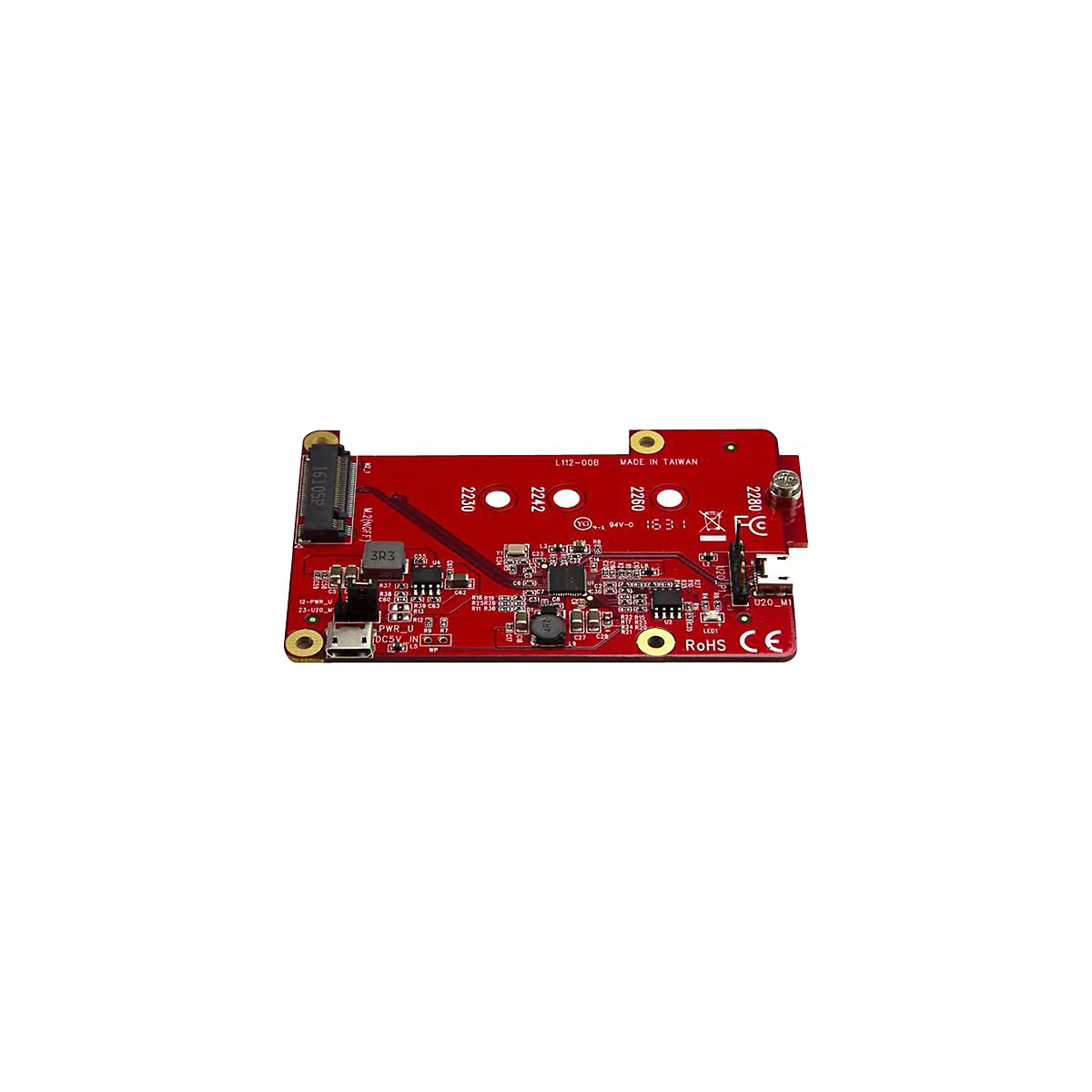 Carte de circuit imprimé rouge avec composants électroniques. Inscriptions : L112-008, Made in Taiwan, RoHS, CE. Plusieurs connecteurs.