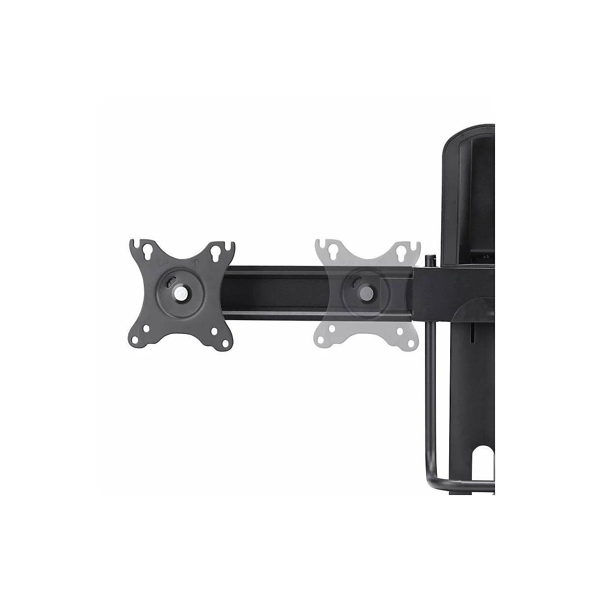 Support noir pour deux moniteurs, avec supports rotatifs et l'inscription "UP".