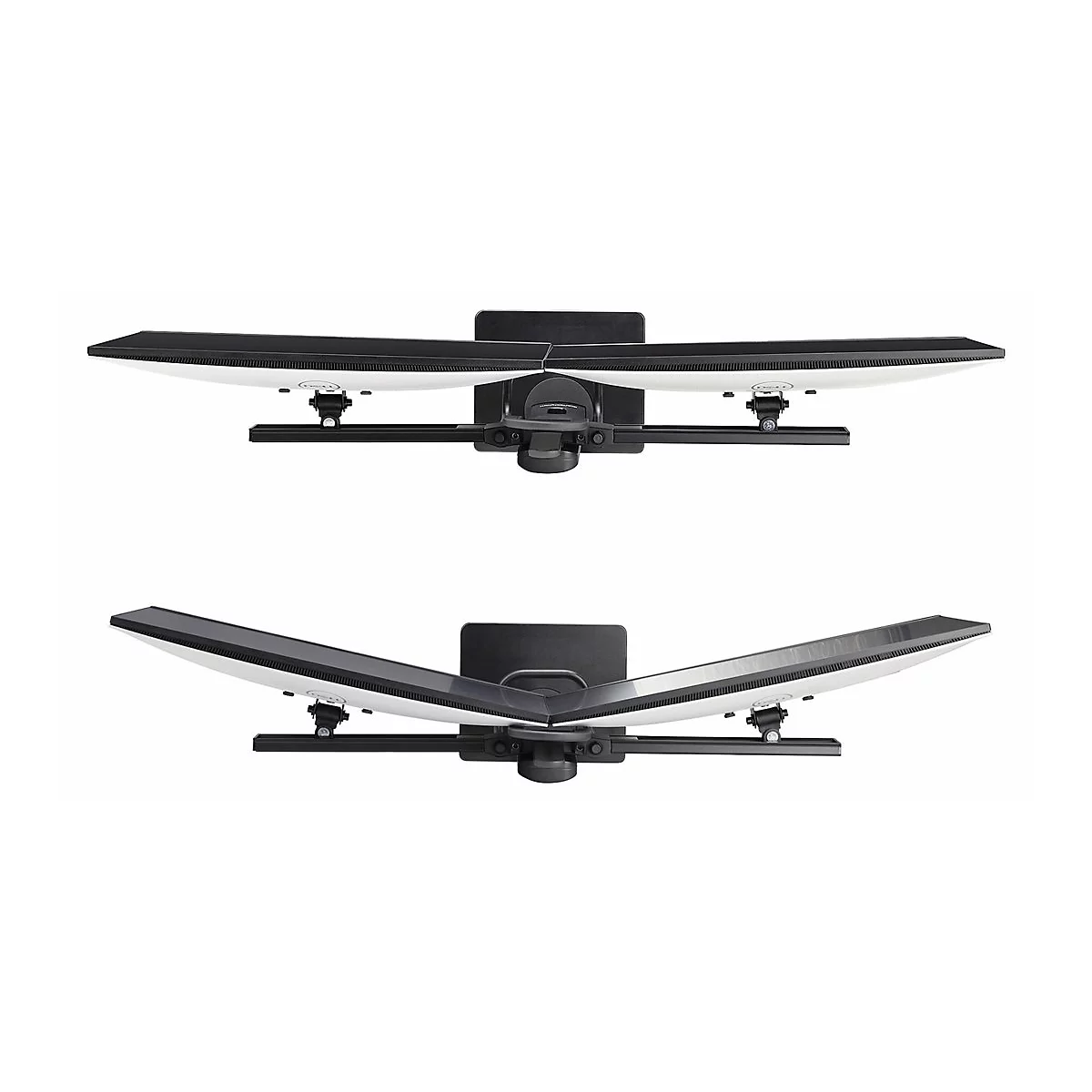 Deux écrans incurvés, vue plongeante. Cadres noirs avec écran blanc, fixés à un support.