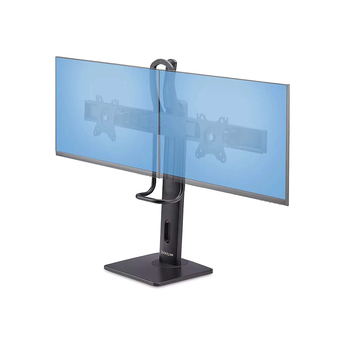 Un support de moniteur double noir avec deux supports et un arrière-plan d'écran bleu sur fond blanc. Le support a une base avec l'inscription "StarTech.com".