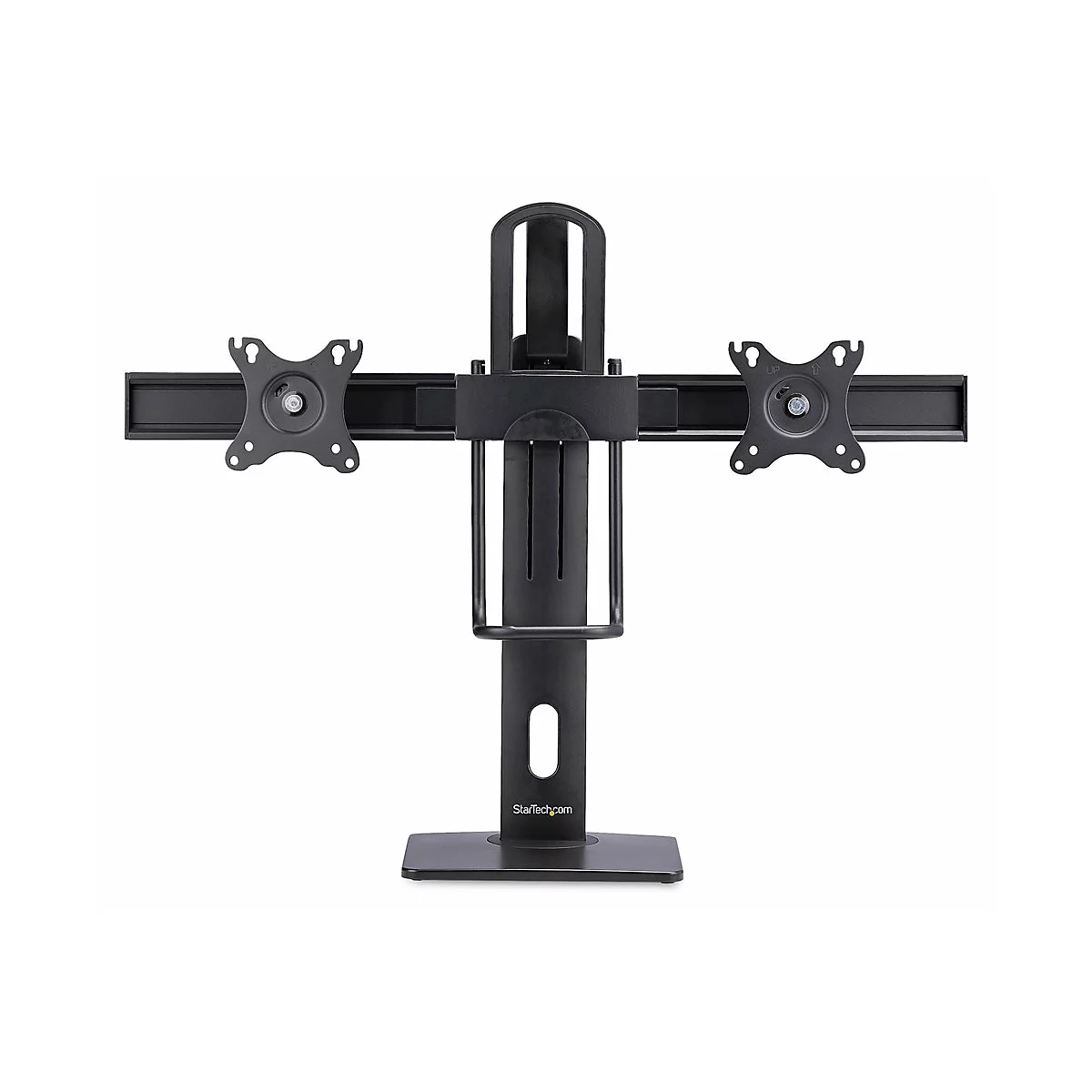 Support de moniteur noir pouvant accueillir deux écrans. StarTech.com est sur la base.