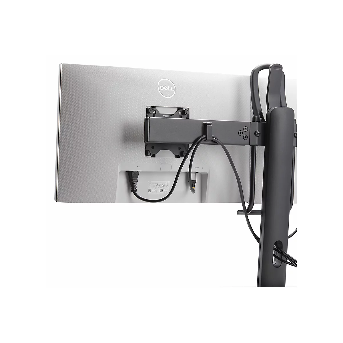 Rückseite eines silbernen Dell-Monitors an einer schwarzen Halterung. Kabel verlaufen entlang der Halterung.