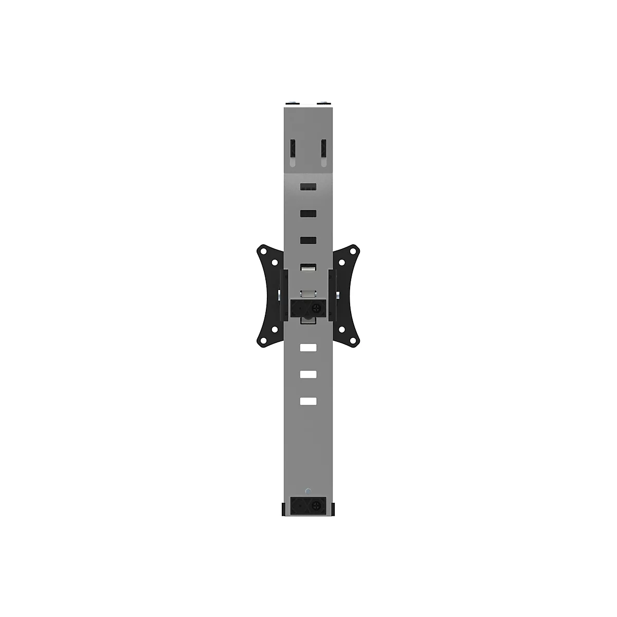 Grauer, vertikaler TV-Wandhalter, der Details wie Montageöffnungen und Halterungen für Kabel zeigt, vor weißem Hintergrund.