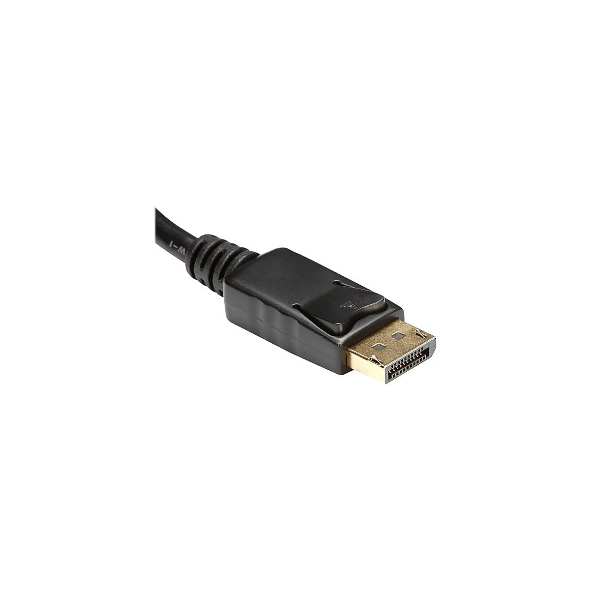 Nahaufnahme eines DisplayPort-Steckers mit schwarzem GehÃ¤use und vergoldeten Kontakten.