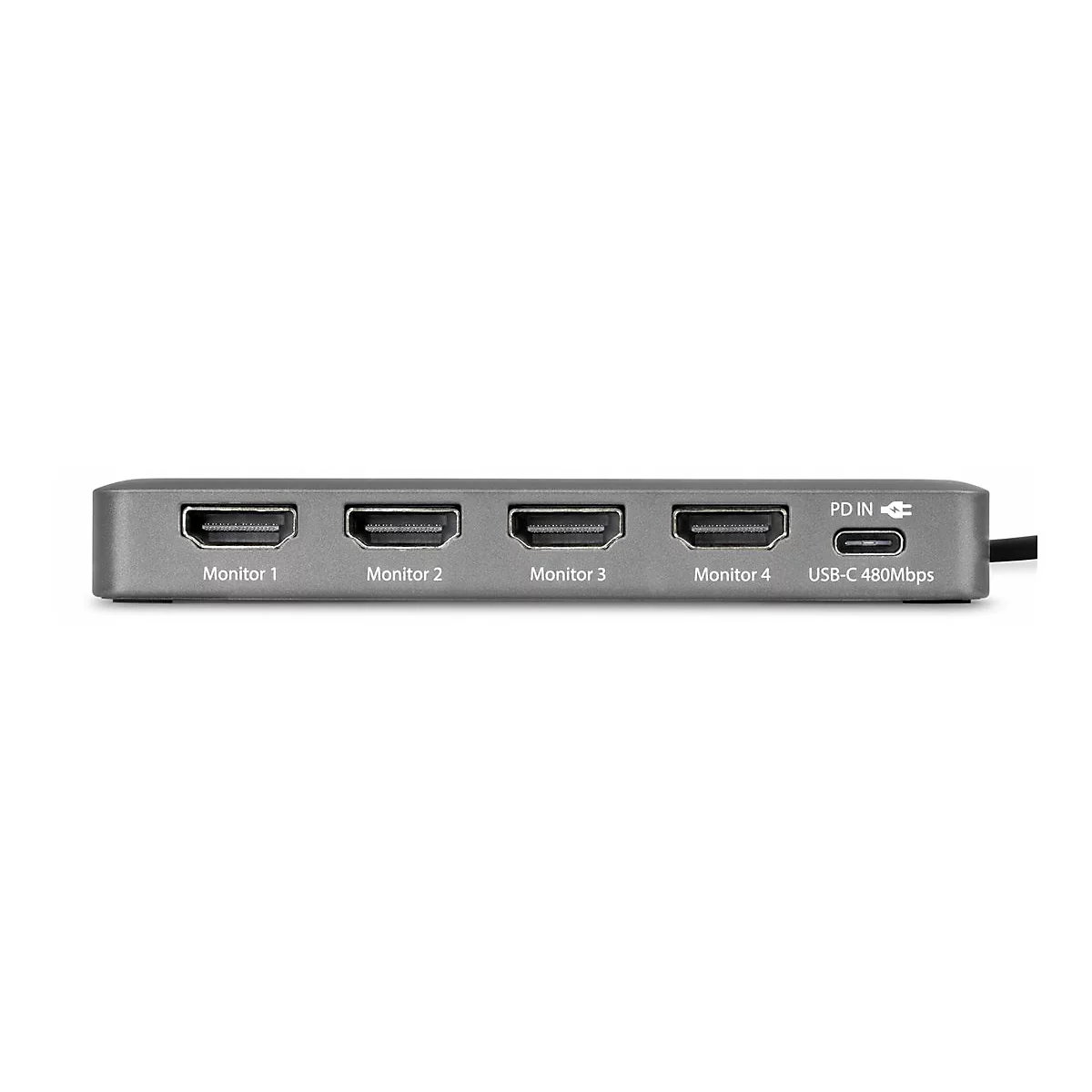Grauer Adapter mit vier HDMI-Anschlüssen. Beschriftungen: Monitor 1 bis 4, PD IN, USB-C 480Mbps.
