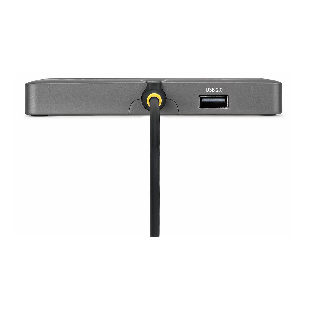 Grauer, rechteckiger Festplattenspeicher mit USB 2.0 Anschluss und angeschlossenem, schwarzen Kabel.