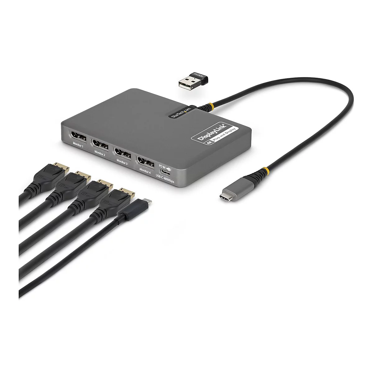 Grauer DisplayLink-Adapter mit angeschlossenen Kabeln und USB-C-Anschluss, umgeben von einem weißen Hintergrund.