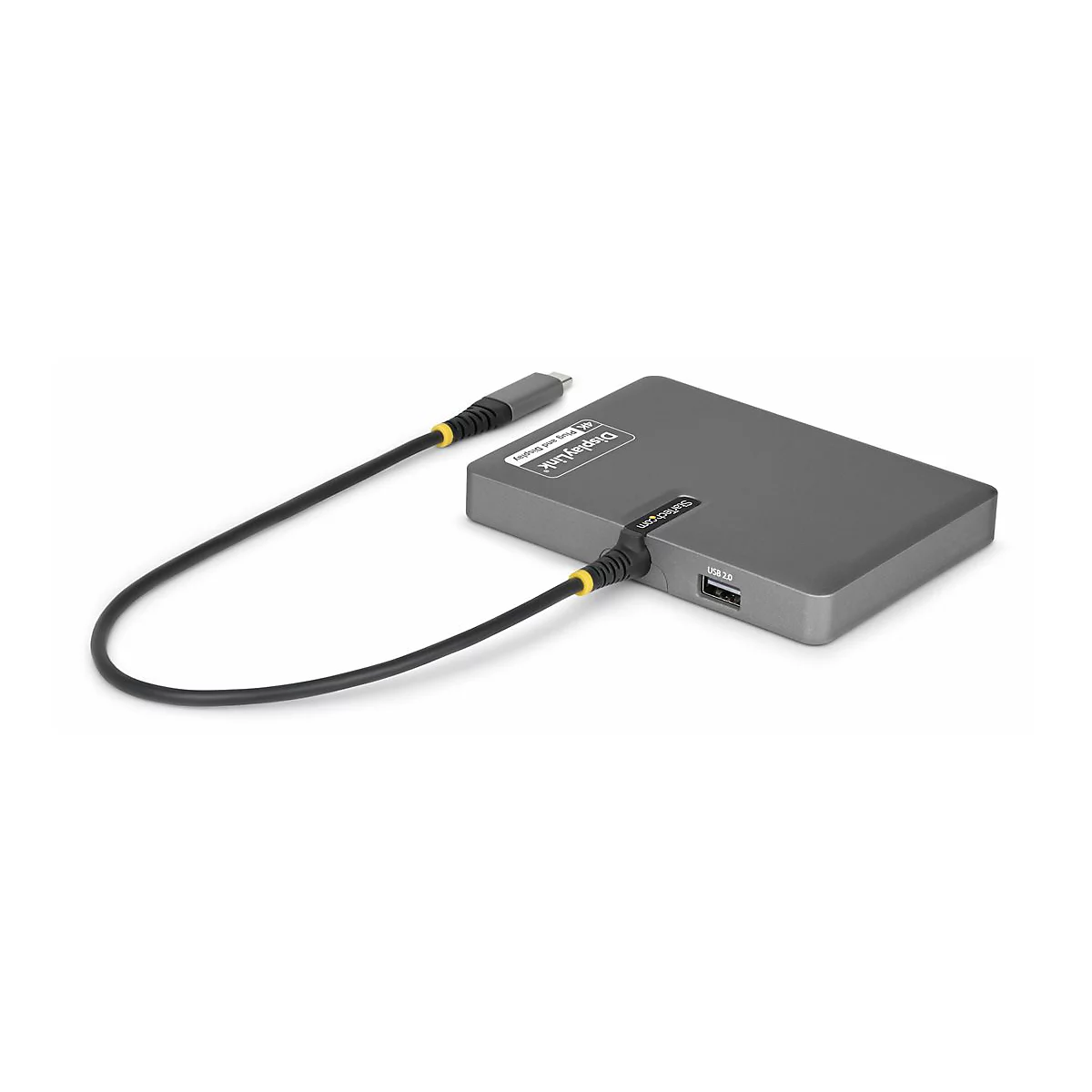 Grauer DisplayLink-Adapter mit angeschlossenem USB-Kabel. Aufschrift: StarTech.com und USB 2.0.