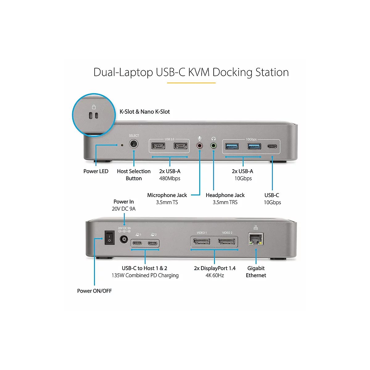 StarTech.com Dual-Laptop USB-C KVM Docking Station, Dual Monitor 4K 60Hz DisplayPort Dock, 5-Port USB Hub, GbE, 90W/45W Power Delivery to Two Laptops, Windows/Mac, 2-Host KVM Dock - Dockingstation - USB-C 3.2 Gen 2 - 2 x DP - 1GbE - TAA-konform