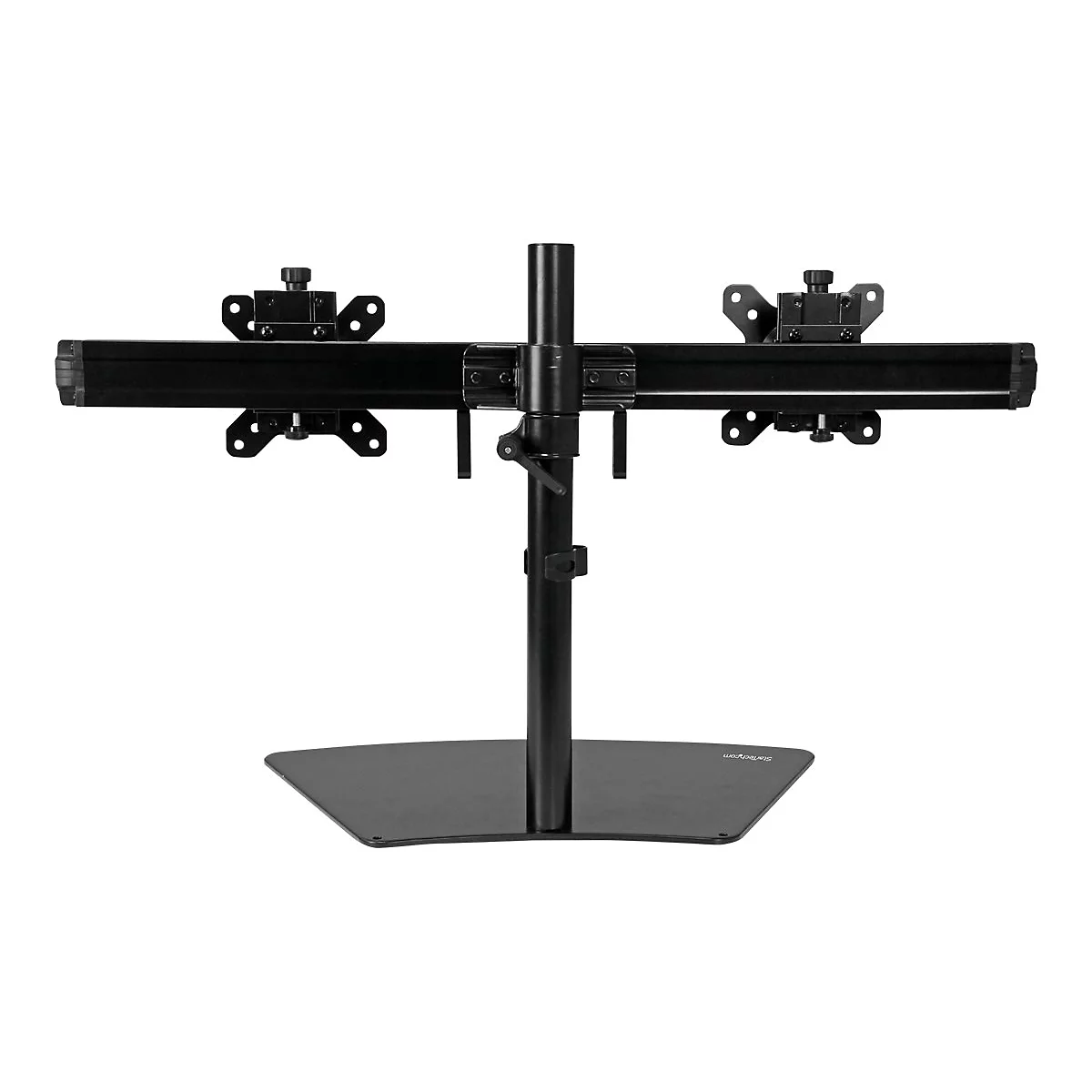 Schwarzer Doppelmonitor-Halter mit Basis und Haltestange. Die Halterung hat mehrere Einstellungsmöglichkeiten.