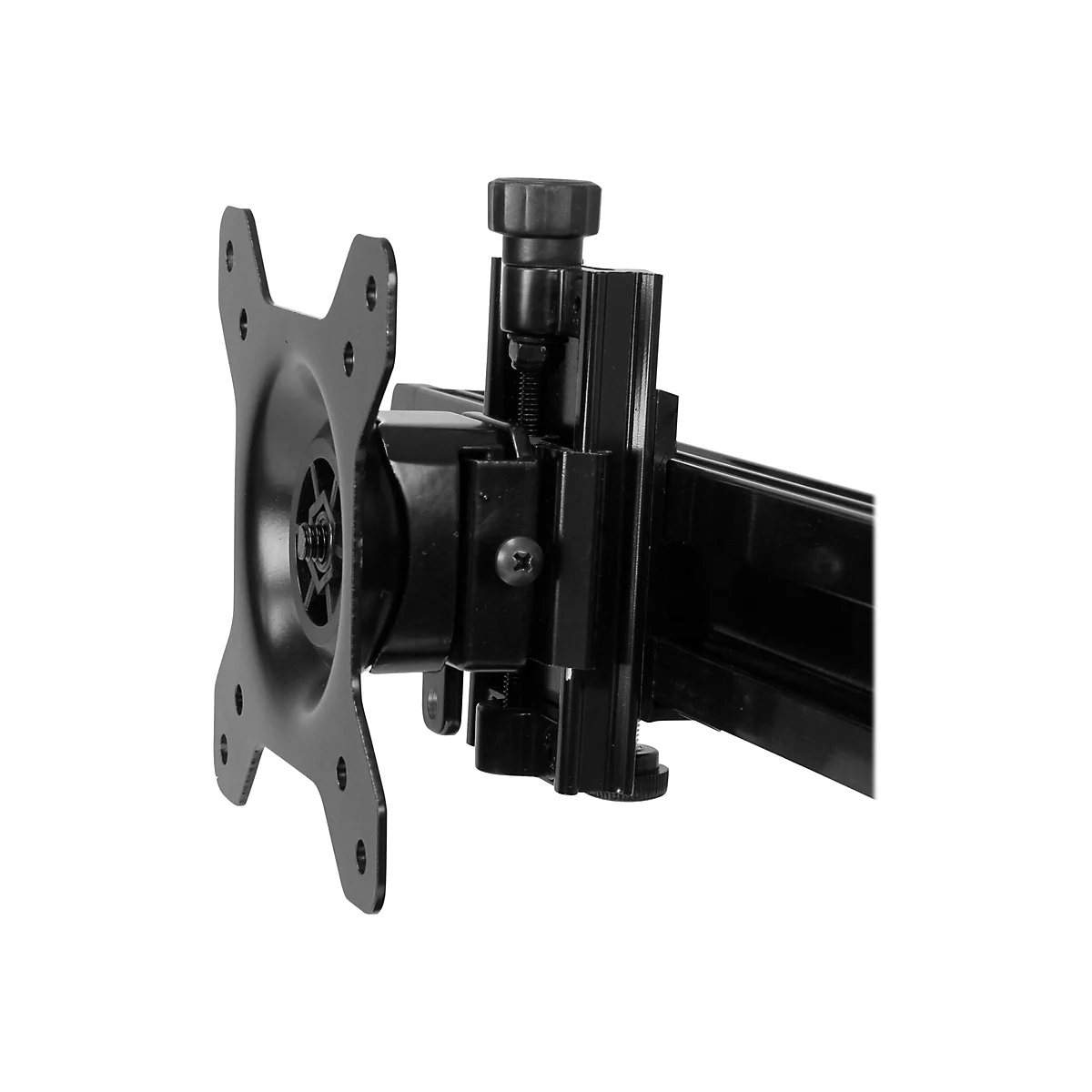 Schwarze Halterung für einen Monitor, mit Befestigungsplatte, verstellbaren Gelenken und Stellrädern.