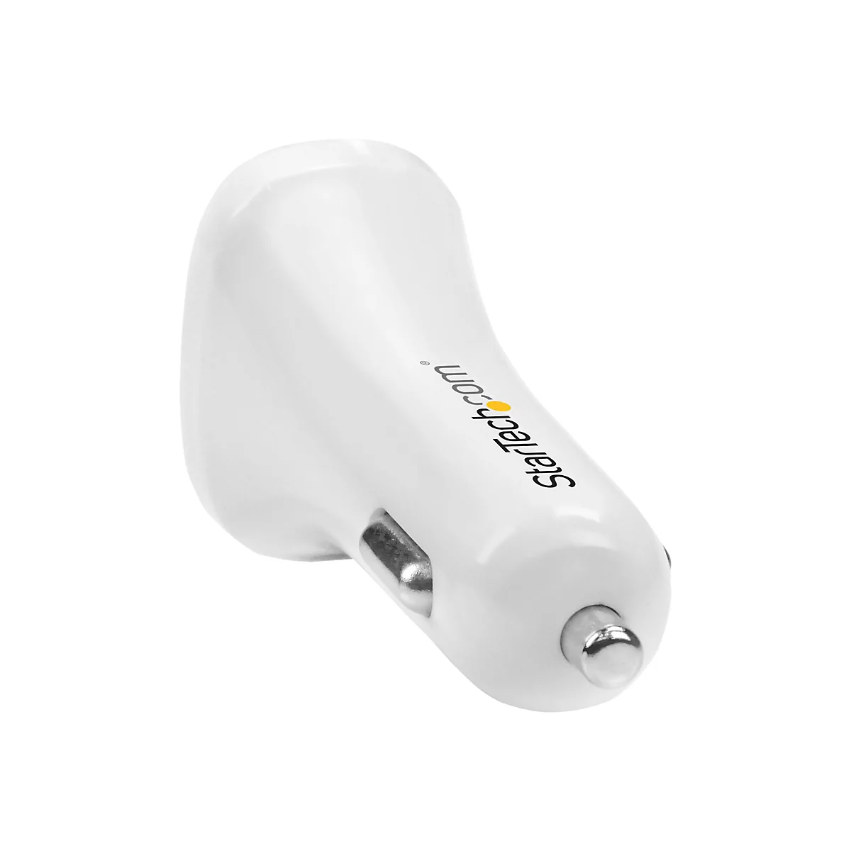 Weißes Autoladegerät mit glänzender Oberfläche; StarTech.com Logo.