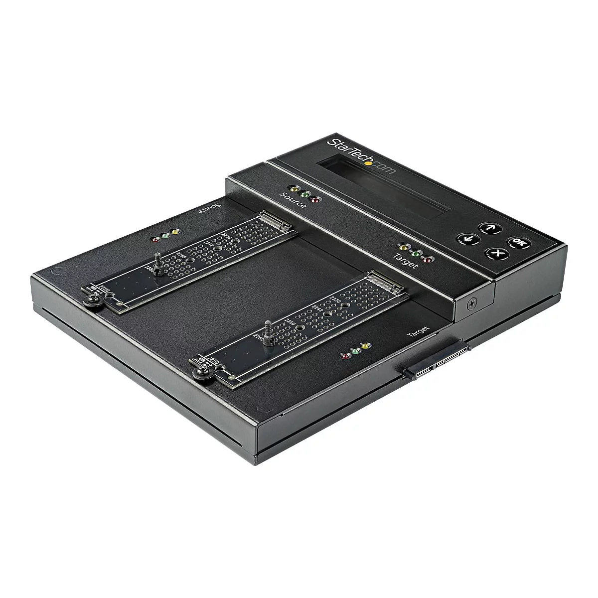 Station d'accueil externe noir pour disque dur avec la marque StarTech.com et des indicateurs pour Source et Cible, ainsi que des boutons et des ports.