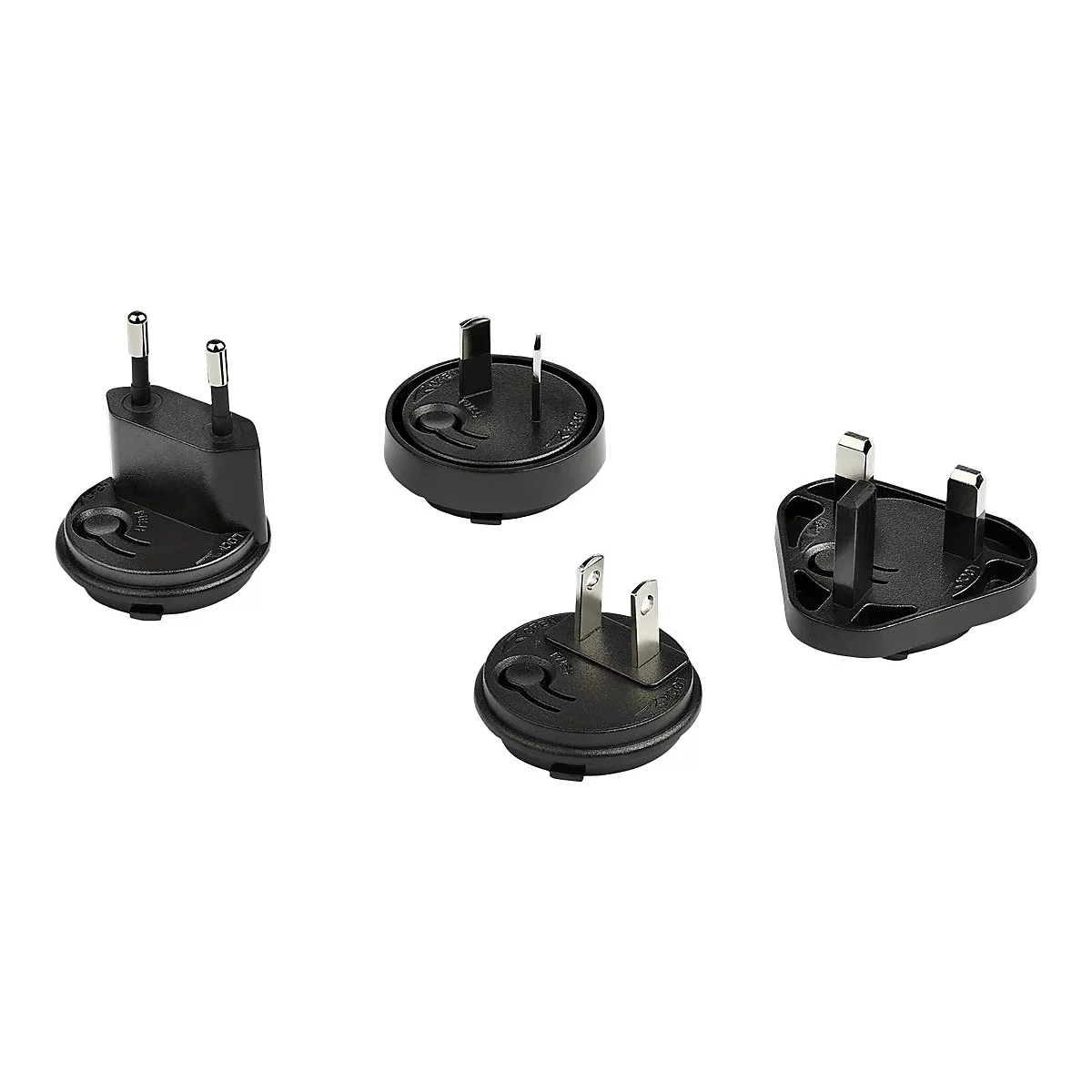 Vier schwarze Netzstecker mit verschiedenen Anschlussformen. Sie stehen auf weiÃŸem Hintergrund.