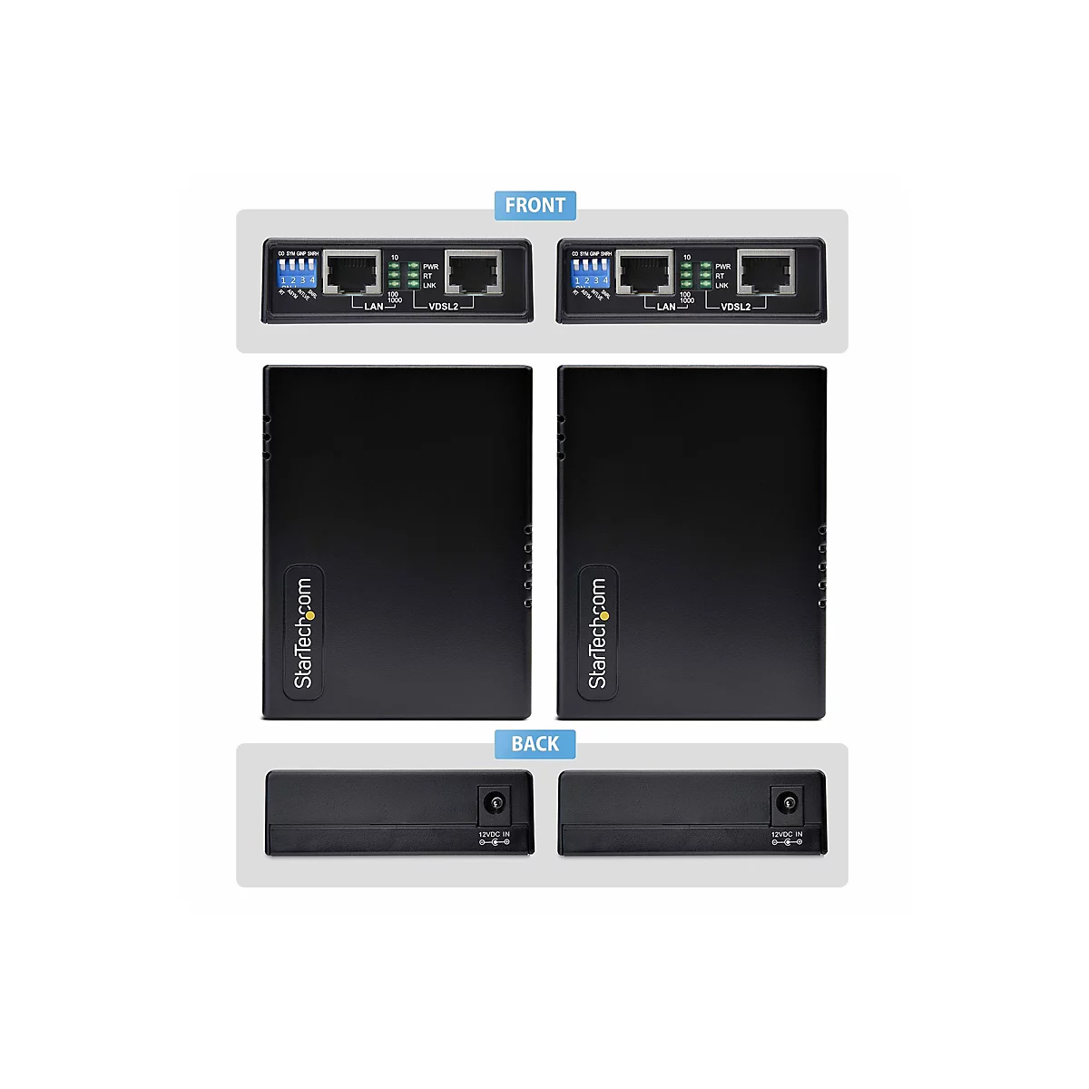 Draufsicht auf zwei schwarze VDSL2-Modems. Oben sind die Vorderseiten mit Anschlüssen und Anzeigen, darunter die Gehäuse und unten die Rückseiten mit Stromanschlüssen zu sehen. Das Logo von StarTech.com ist auf den Gehäusen abgebildet.