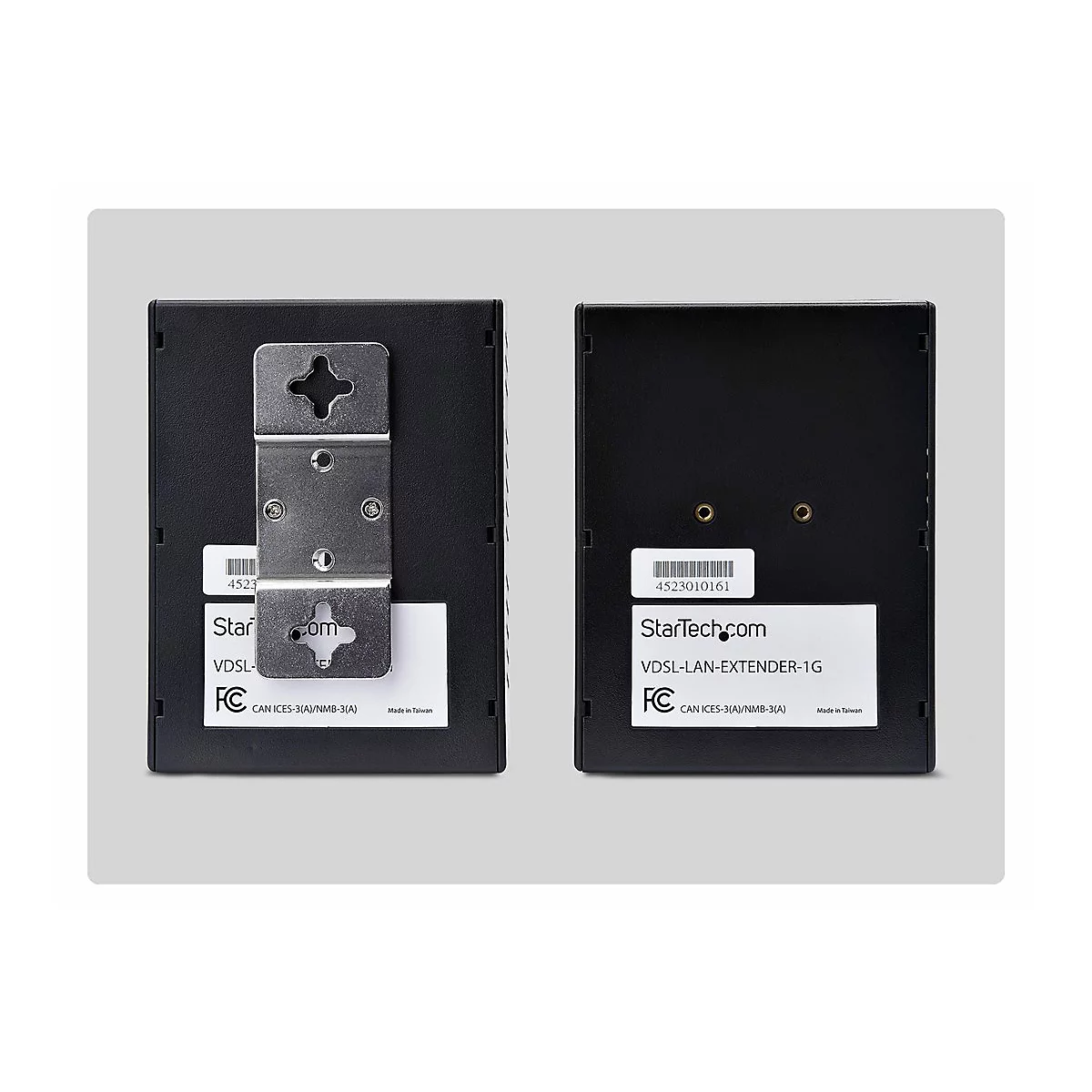 Zwei schwarze VDSL-LAN-Extender, einer mit Halterung, zeigen Logos von StarTech.com. Aufkleber zeigen Produktnamen und Spezifikationen.