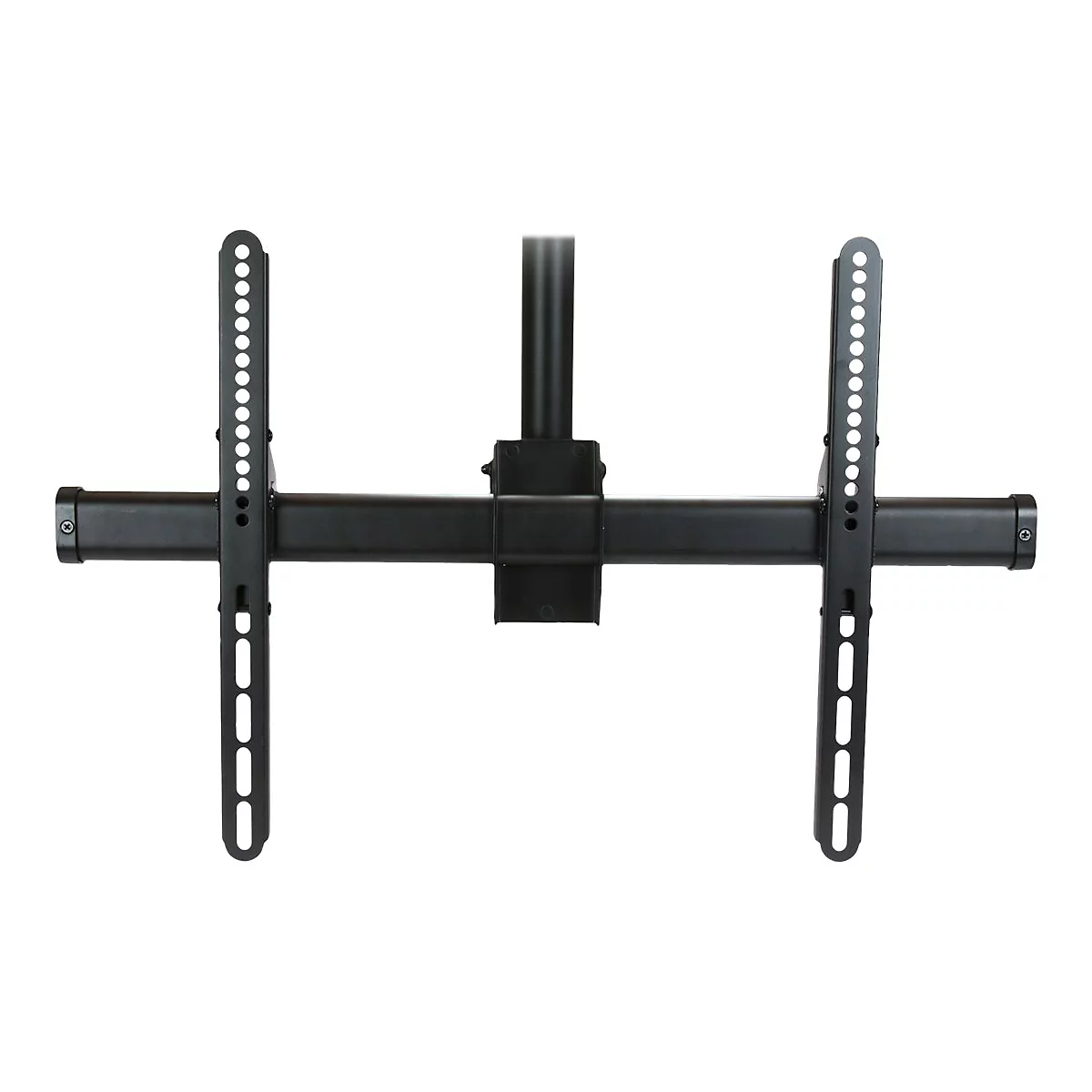 Schwarze TV-Halterung, Frontansicht, vor weißem Hintergrund. Zwei vertikale Halterungen mit Löchern, verbunden mit einer horizontalen Stange.