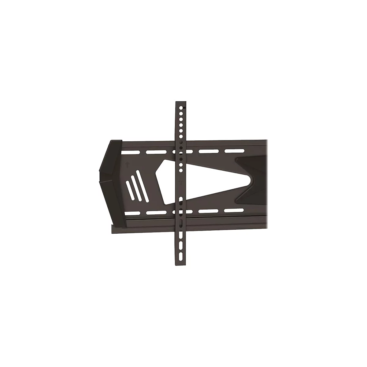 Detailaufnahme einer schwarzen TV-Halterung, mit verschiedenen Öffnungen und Halterungen. Der Hintergrund ist weiß.