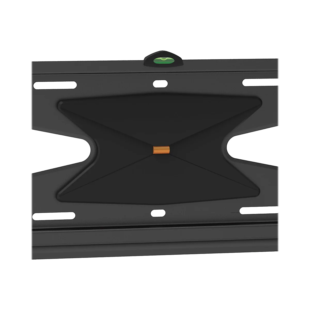 Nahaufnahme einer schwarzen TV-Halterung mit Wasserwaage und dekorativen Aussparungen.