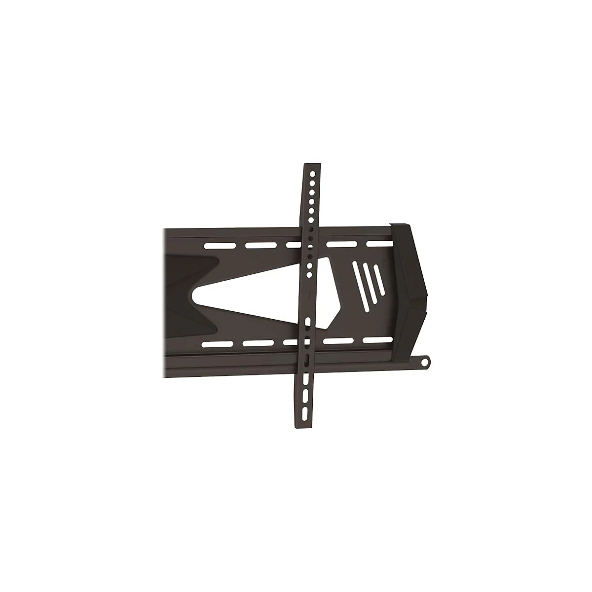 Nahaufnahme einer schwarzen TV-Halterung, mit vertikaler und horizontaler Ausrichtung, montiert an der Wand.