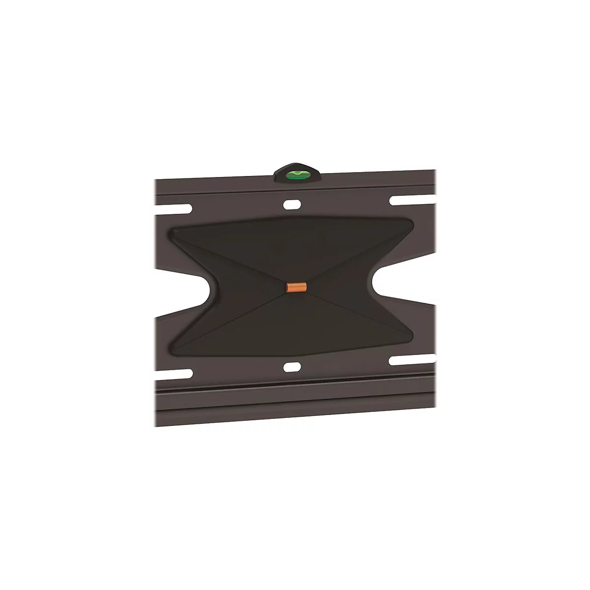 Nahaufnahme einer schwarzen TV-Halterung mit einer Wasserwaage.