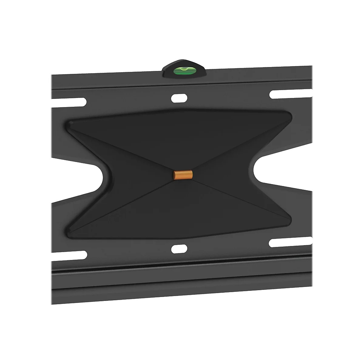 Nahaufnahme einer schwarzen TV-Halterung, mit Wasserwaage und einer dekorativen, x-förmigen Mitte.